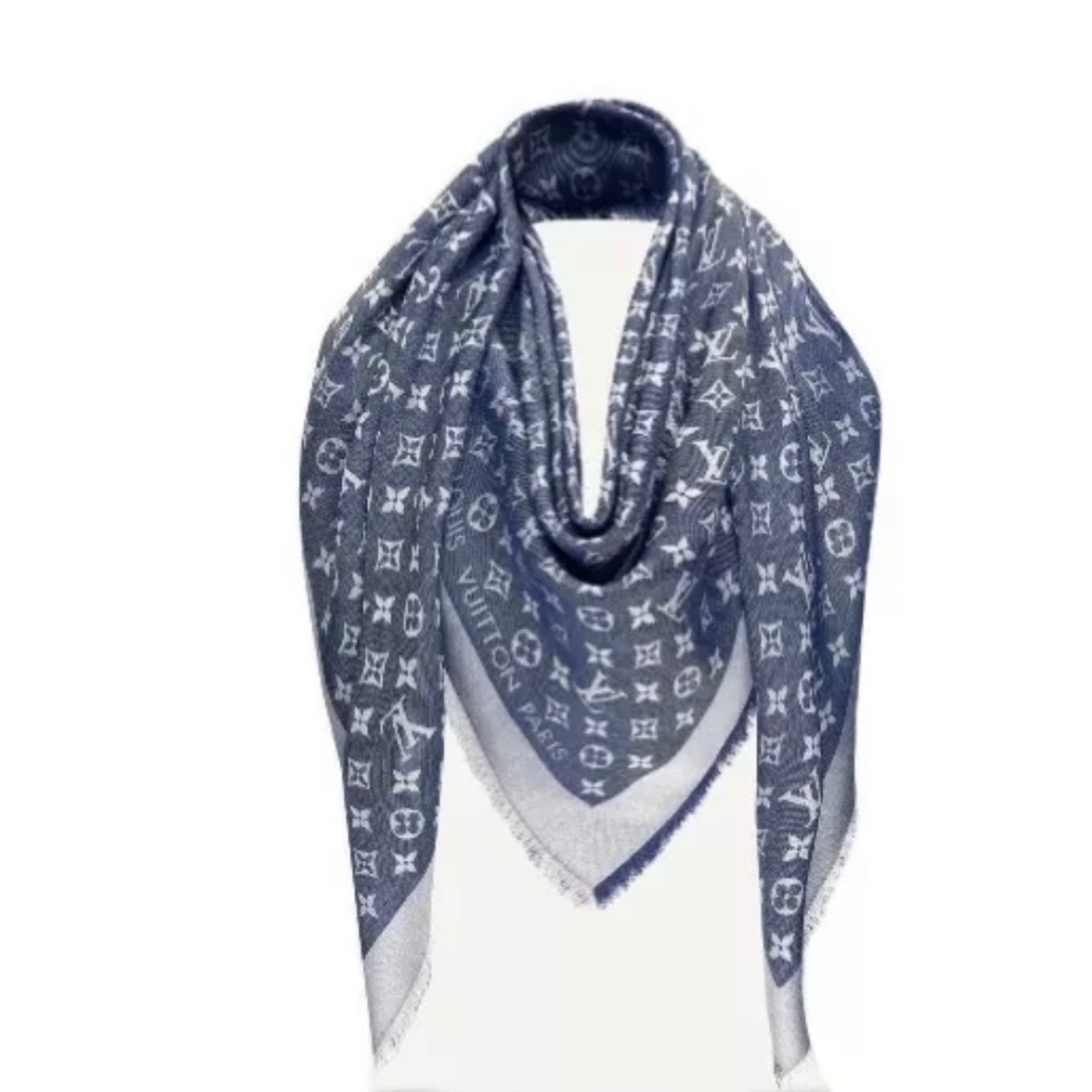 Authentic Louis Vuitton Navy and Silver MONOGRAM Jacquard Shawl Scarf